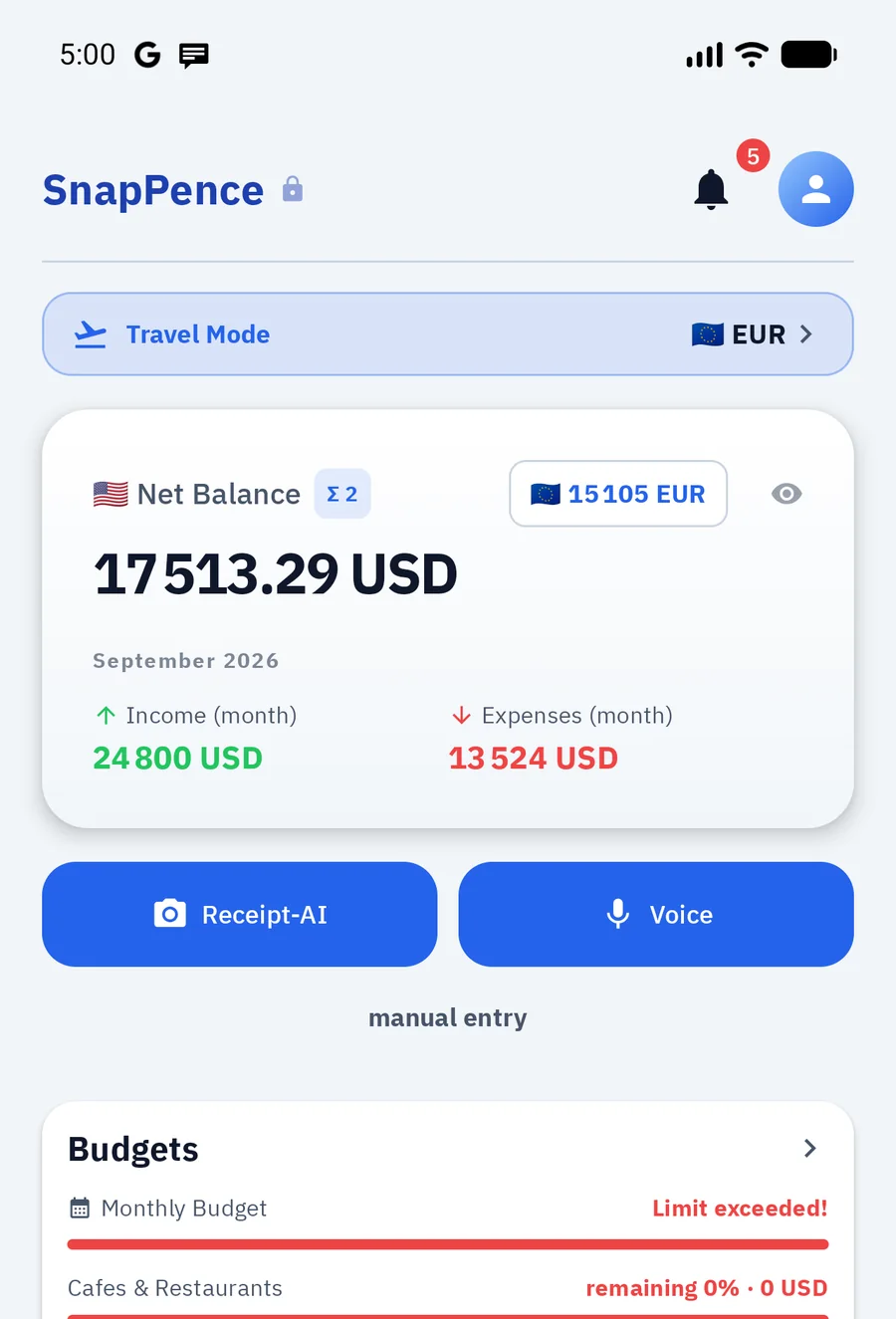 Home screen: balance in two currencies, travel mode, quick actions