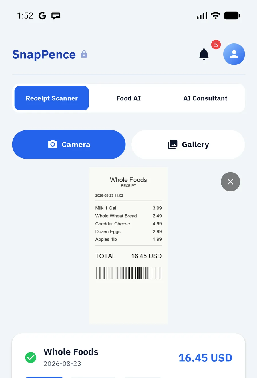 The scanner: the photographed receipt and the parsed total