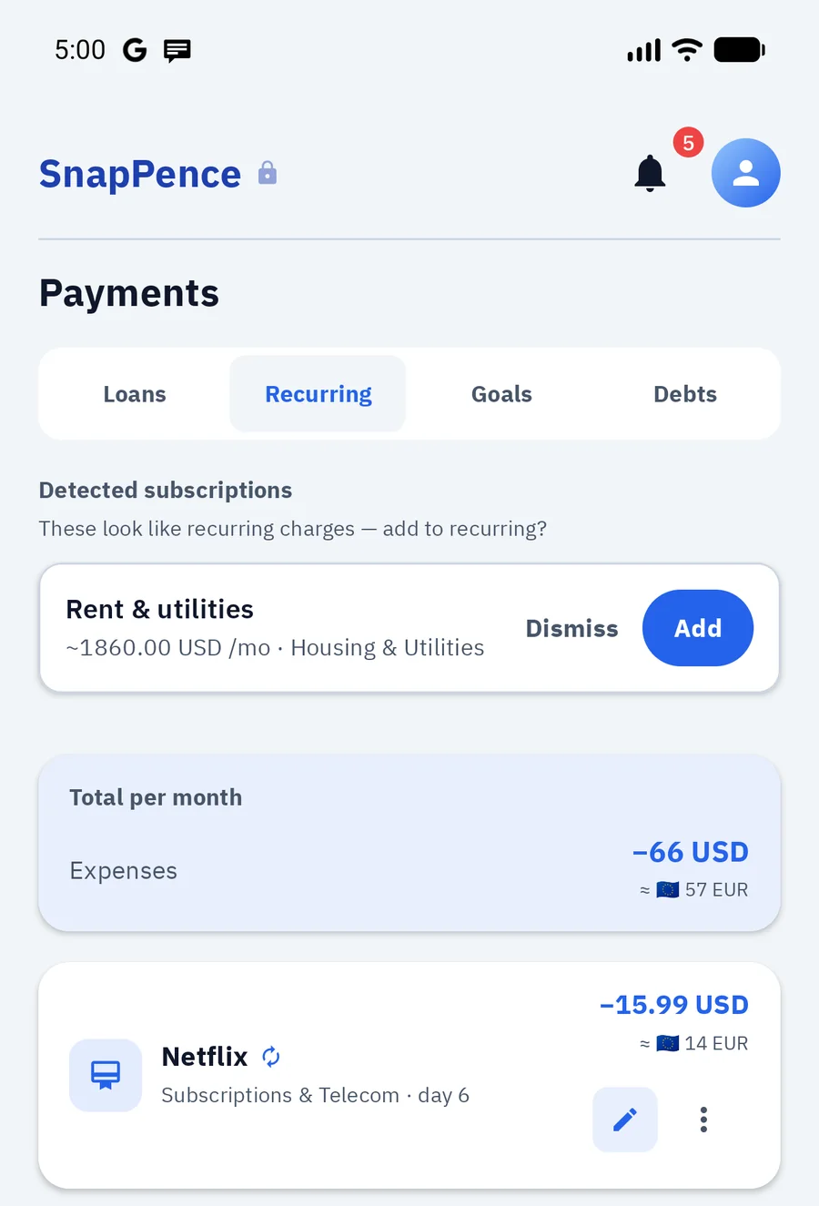 Recurring payments with the monthly total in two currencies