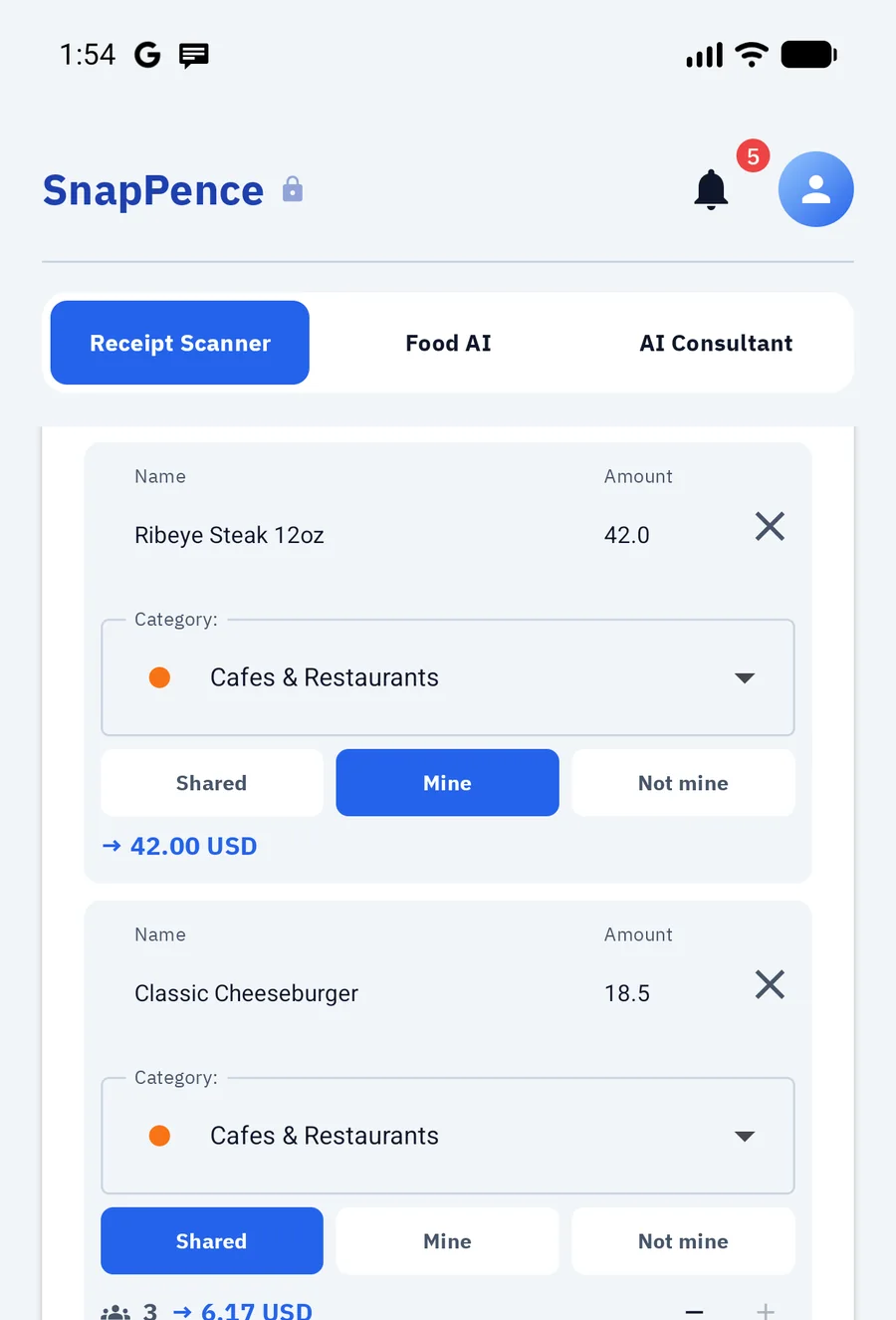 A restaurant bill split three ways, dish by dish